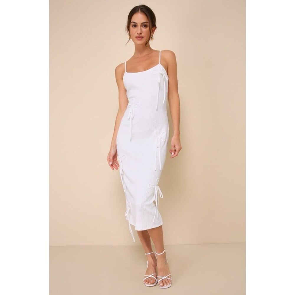 Lulus Adorable Trend White Ribbed Knit Sleeveless Bow Midi Dress - Size L